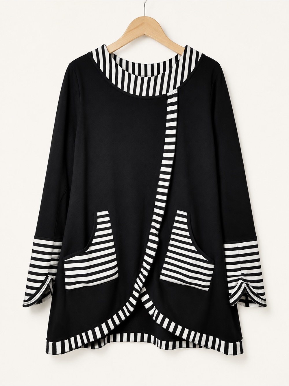 Black White Striped Asymmetrical Tunic Top Pockets Size Large Lagenlook